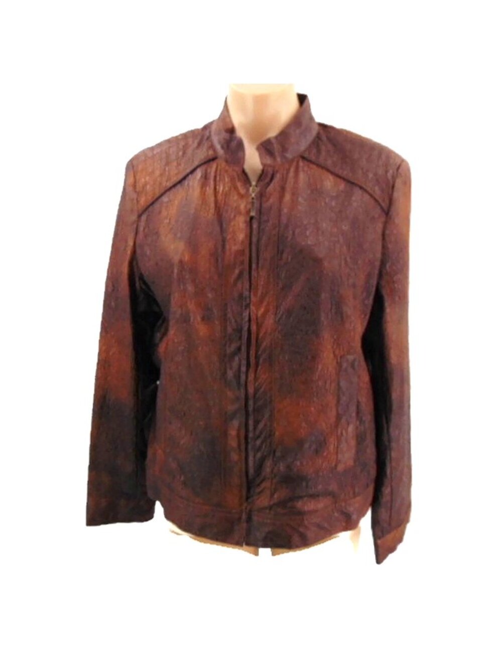 Erin London Brown Vegan Faux Reptile Print Jacket Size L Zip Front Crinkle